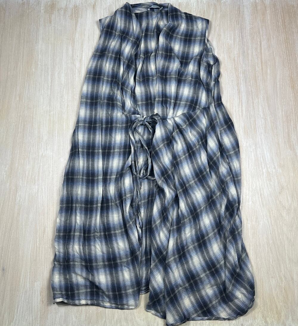 Vince Plaid Sheer Sleeveless Tie Front Duster Vest Longline Lightweight Large